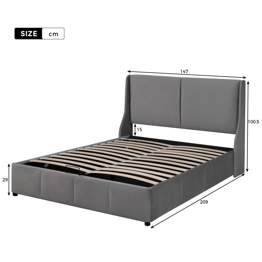 Letto matrimoniale contenitore 140 × 200 cm in velluto grigio con testiera e rete a doghe inclusa