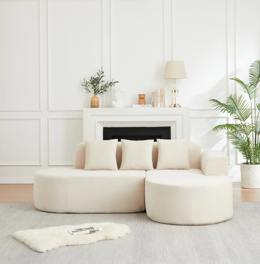 Divano modulare a L in velluto a coste beige con chaise longue