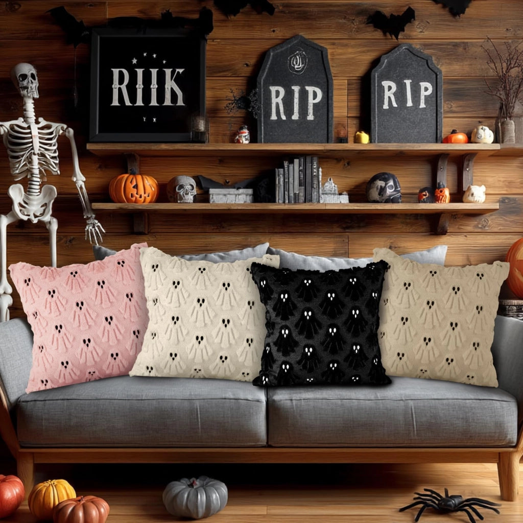 Set di 2 federe per cuscini a tema Halloween, in peluche, 40x40 cm, motivo fantasmi, colore bianco