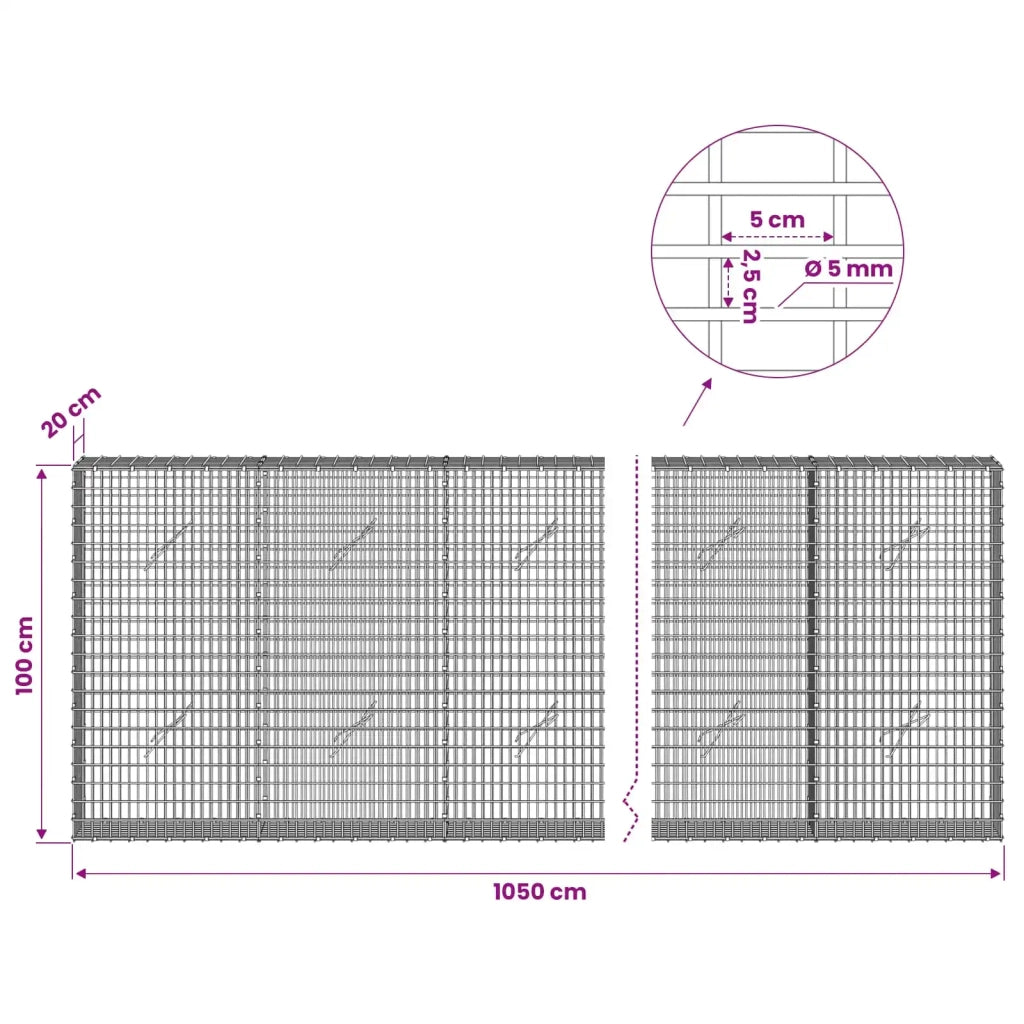 Gabione con Filo da 5 mm e Rete da 5x2,5 cm 1050x20x100 cm 3463599