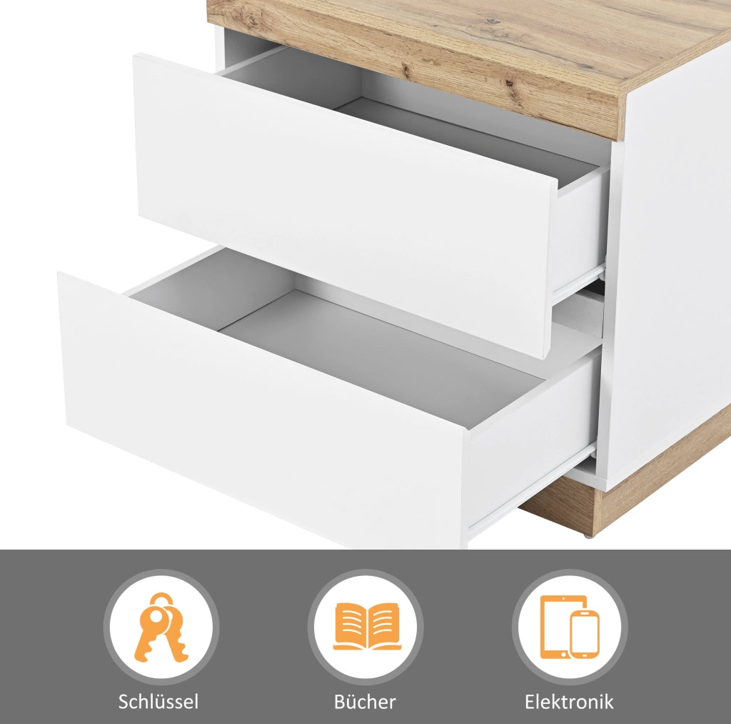 Comodino con due cassetti in truciolato E1 bianco e effetto quercia per camera da letto