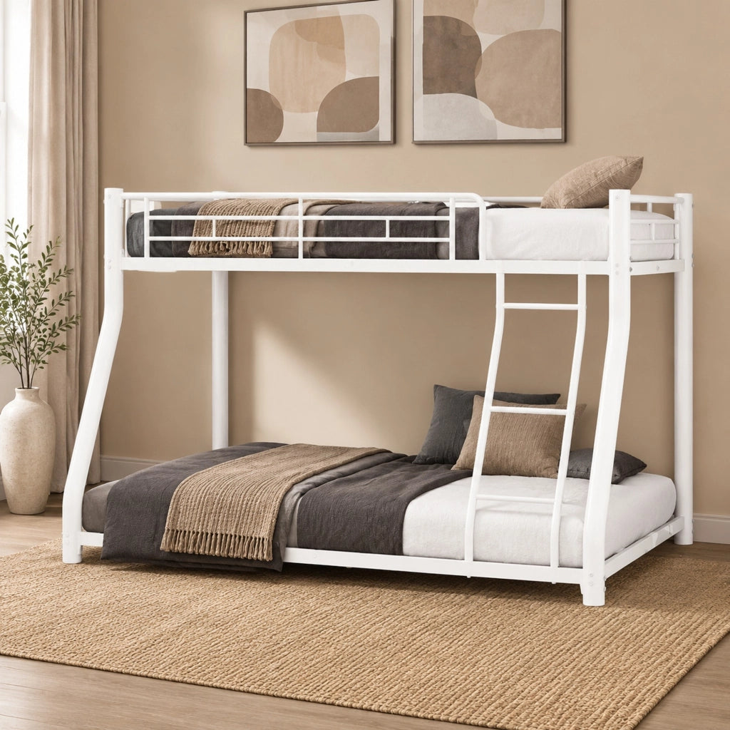 Letto a castello in metallo robusto con rete superiore 90x140 cm e rete inferiore 140x190 cm, design salvaspazio con scaletta e sponde di protezione, stile moderno