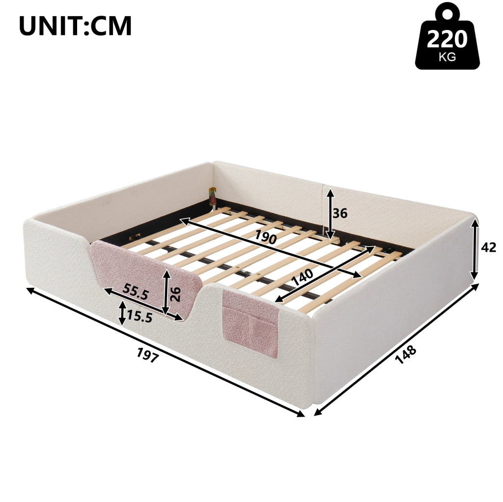 Letto imbottito per bambini 140x190 cm con sponde di sicurezza rimovibili e tasca integrata in velluto beige