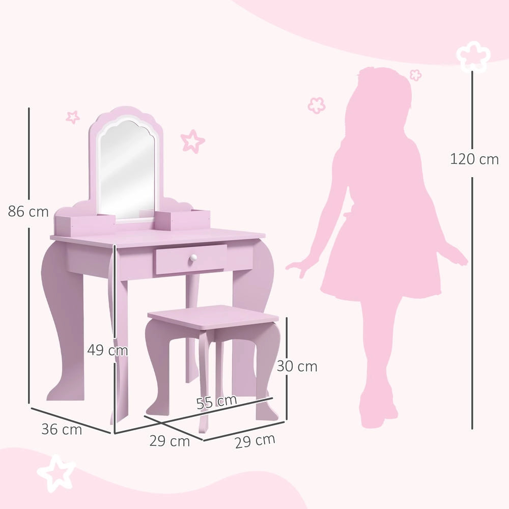 Set Toeletta per Bambini con Specchio e Sgabello in Legno Tavolo da Trucco con Cassetto per Cameretta Rosa