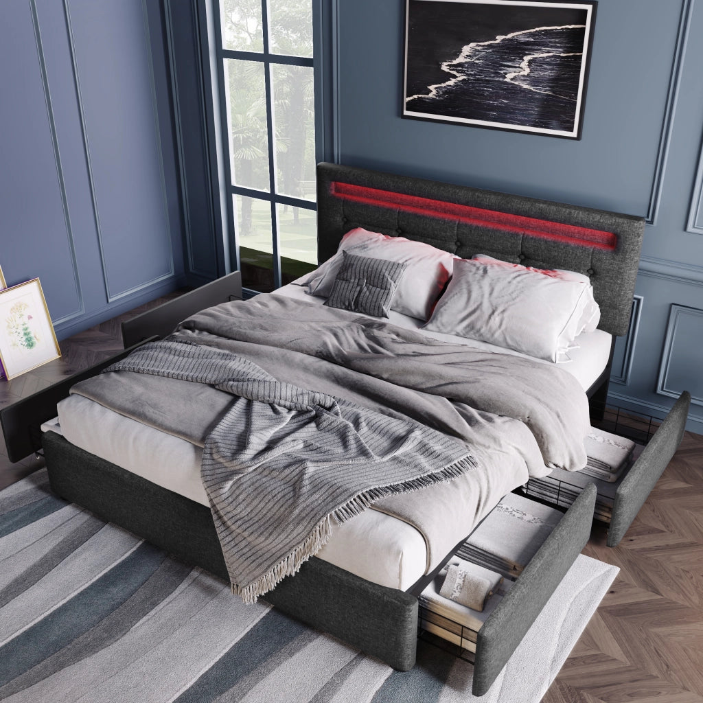 Letto singolo 90 ¡Á 200 cm con 2 cassetti LED testiera regolabile rivestito in lino nero con rete a doghe