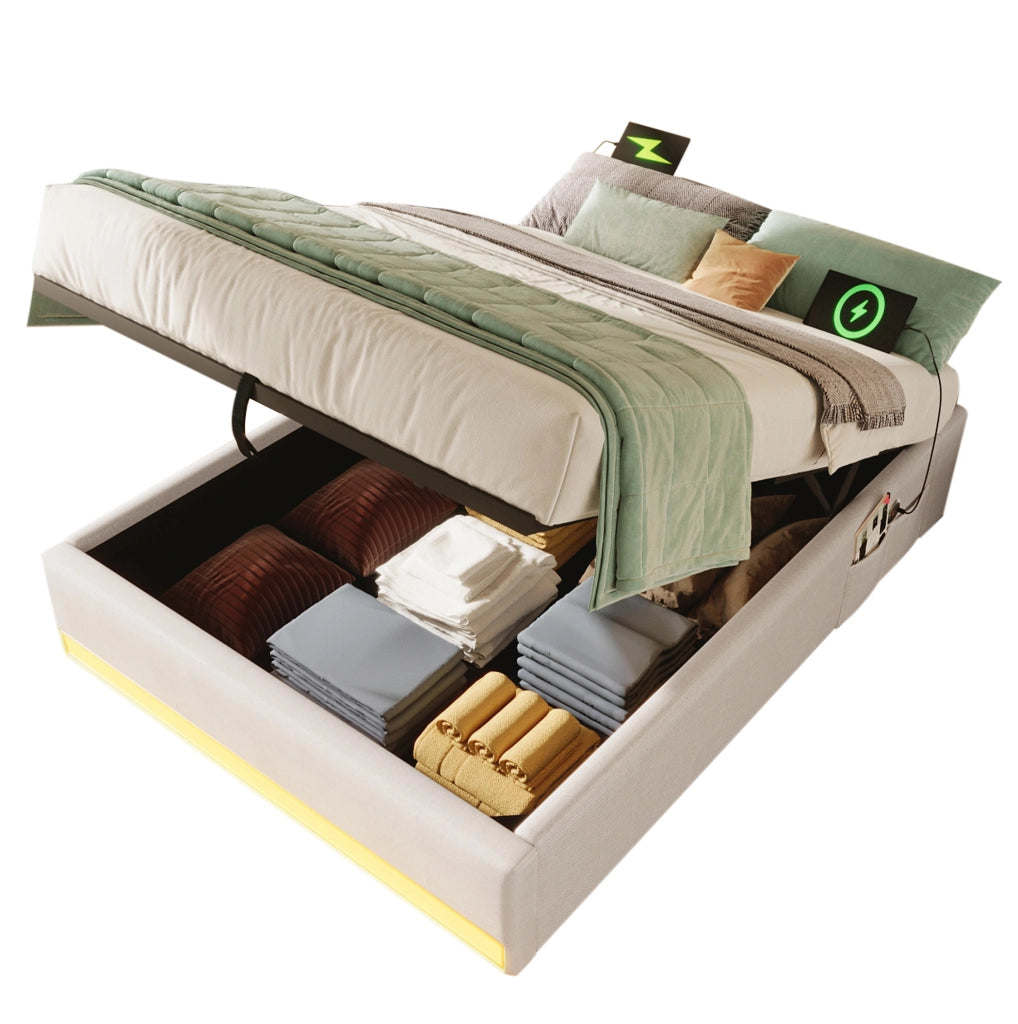 Letto imbottito 90x200 cm in lino con LED, porte USB e Type-C, contenitore idraulico, beige