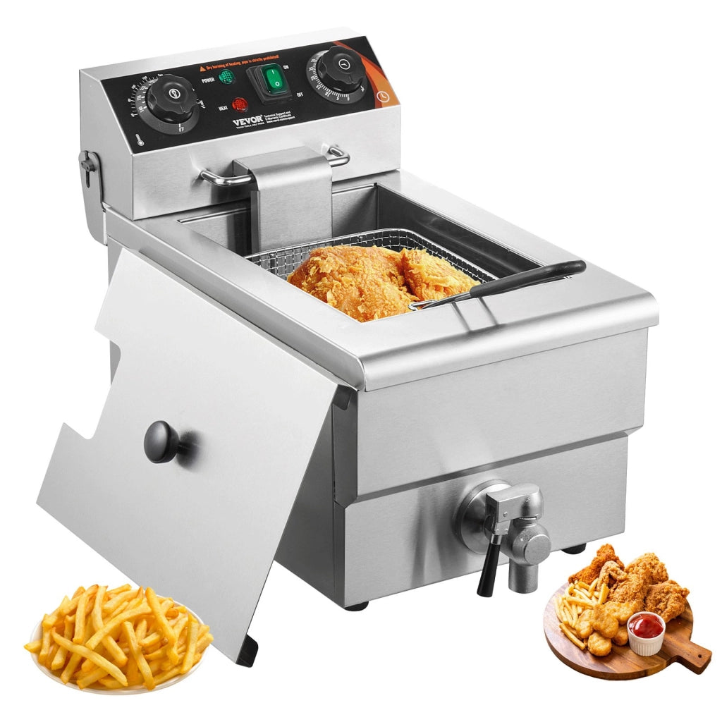 Friggitrice Elettrica SC-101V 3000W 11L in Acciaio Inox con Cestello e Timer, Termostato Regolabile 60-200°C per Cucina e Ristorazione