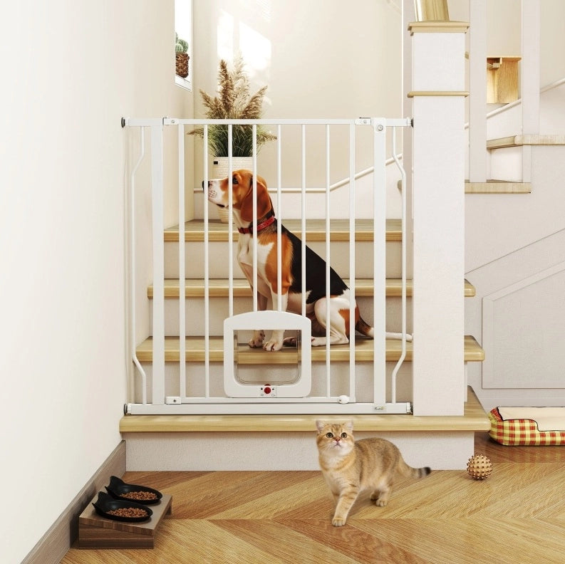 Cancello di sicurezza per scale e porte 75-85 cm in acciaio bianco con gattaiola