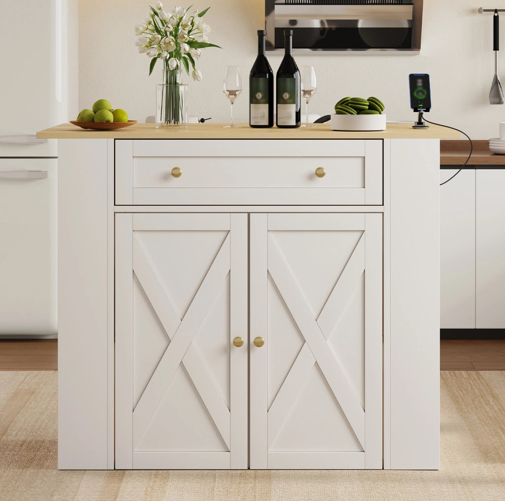 Isola da cucina 120x75x97 cm con piano pieghevole e prese USB in MDF bianco