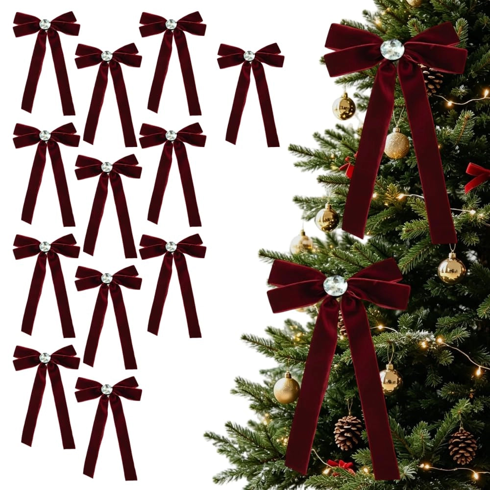 12 nastri decorativi rossi per albero di Natale, con decorazioni a forma di pigna/strass