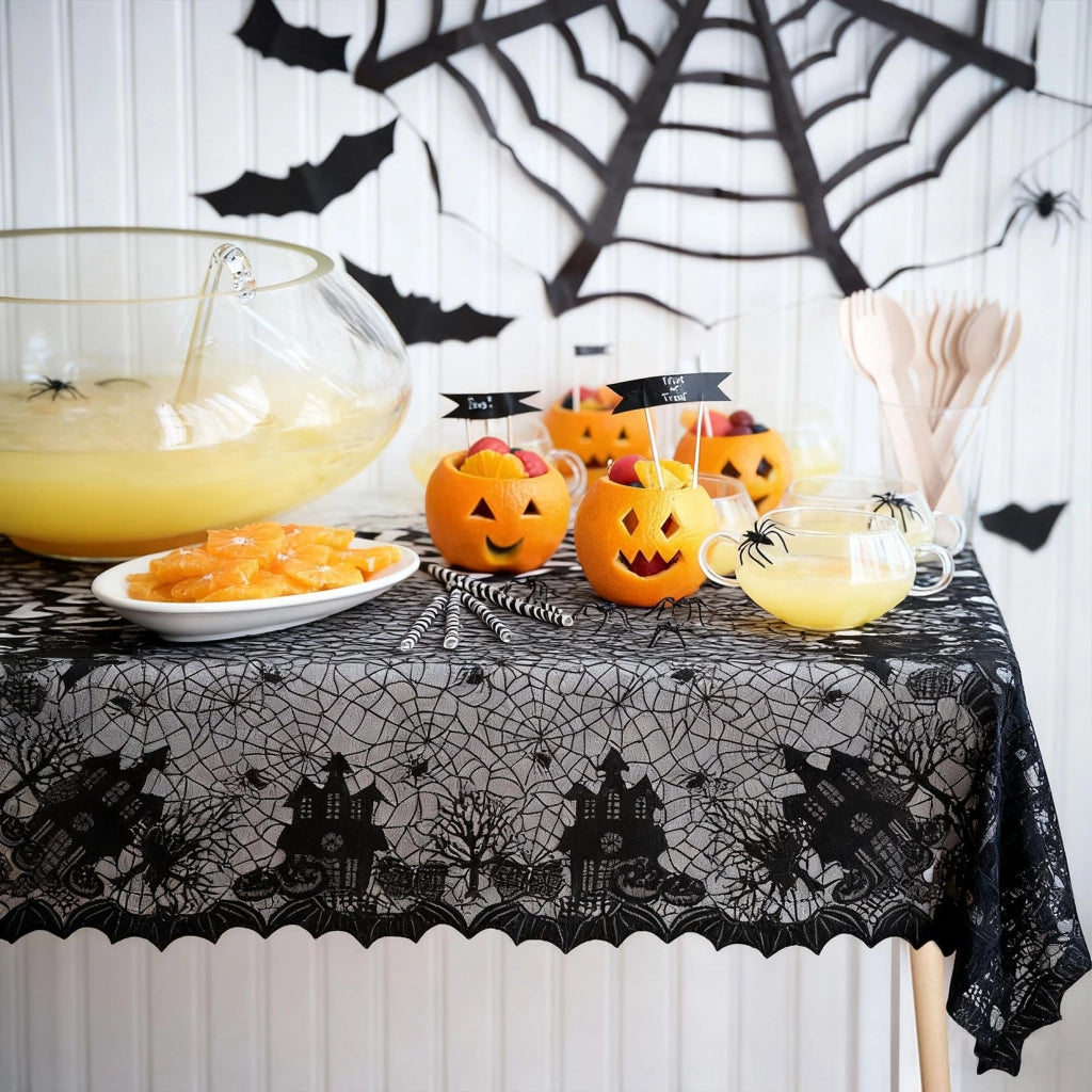 Tovaglia per Halloween, 135x175 cm, nera, con pizzo