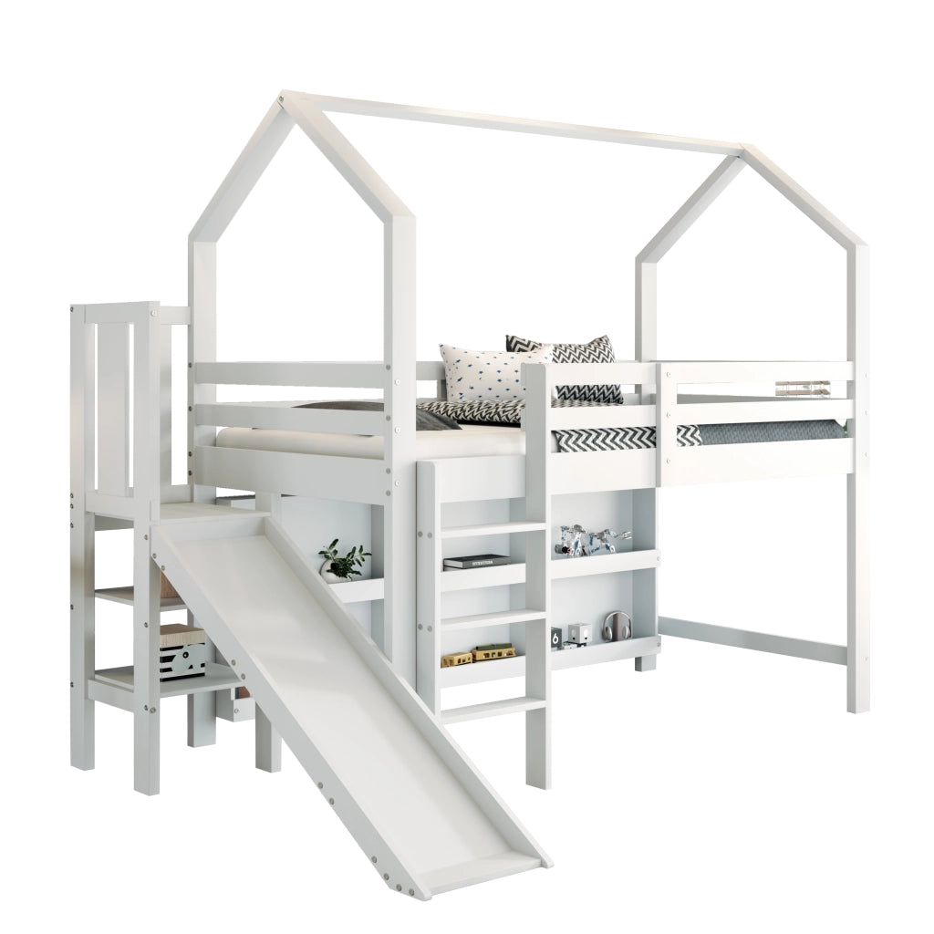 Letto singolo per bambini 90 × 200 cm con rete a doghe scivolo scale contenitori e ripiani in legno bianco