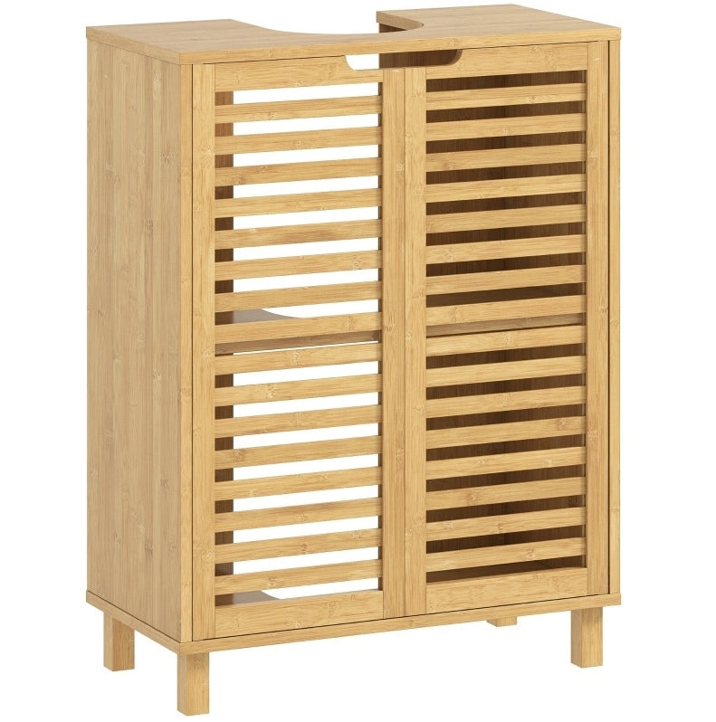 Mobile bagno in bambù con ante a lamelle e ripiani regolabili, 60x30x80 cm, colore naturale