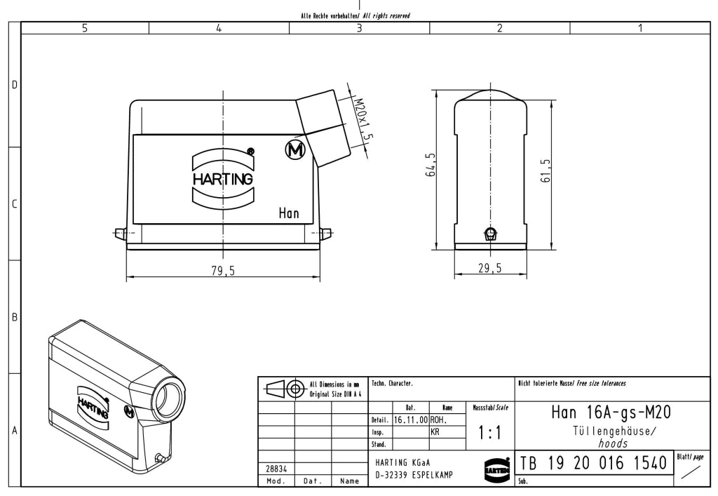 Alloggiamento per connettore Han 16A, adatto per connettori Han M20, grado di protezione IP65