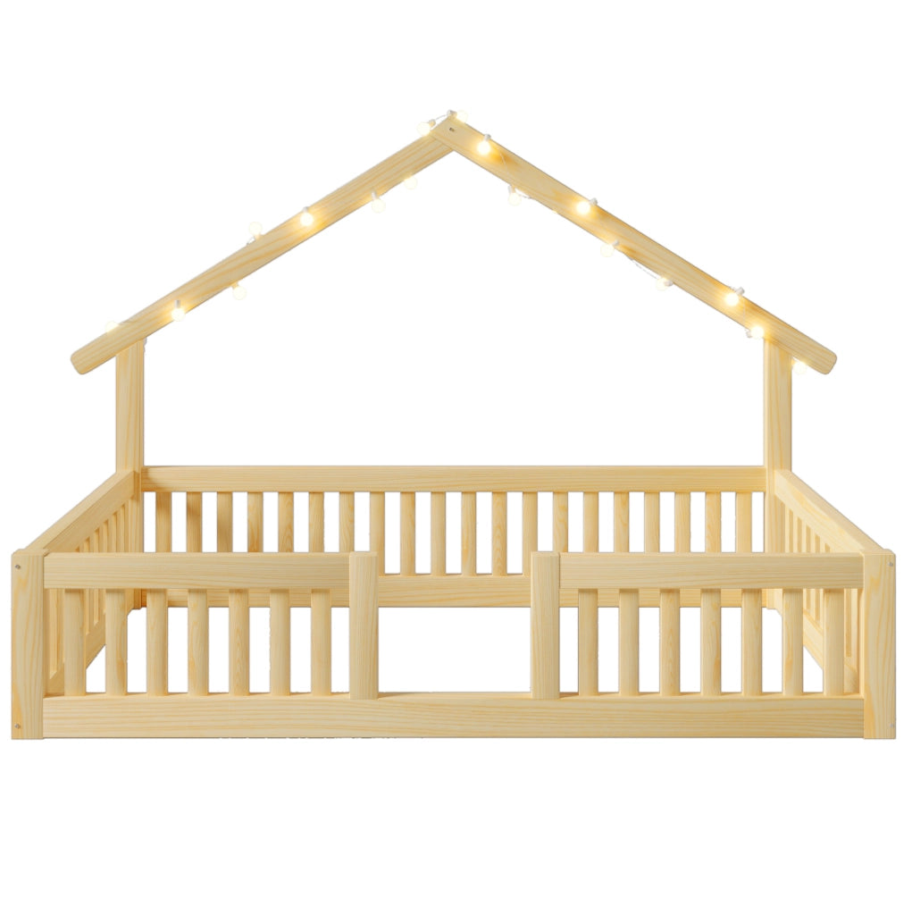 Letto a casetta per bambini 90x200 cm; con sponda di sicurezza e luci LED; in legno; naturale; senza materasso