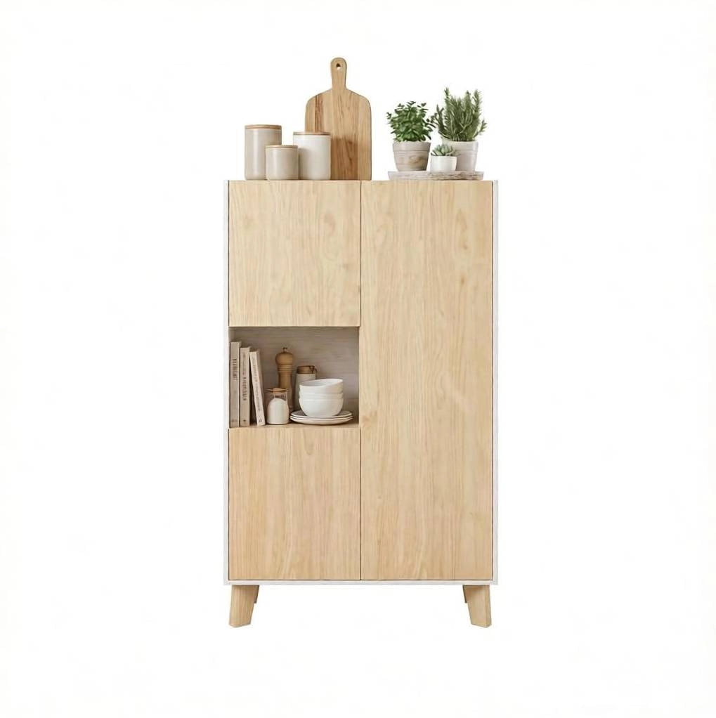 Credenza bianca e rovere chiaro con cinque vani, 80 x 40 x 135 cm