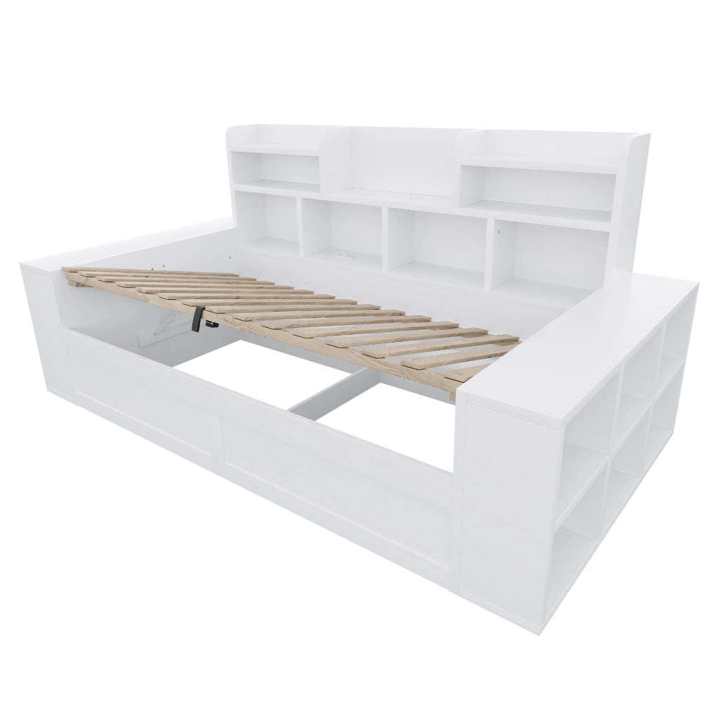 Divano letto singolo 90x200 cm con contenitore idraulico; ripiani; prese e LED; in compensato e MDF bianco
