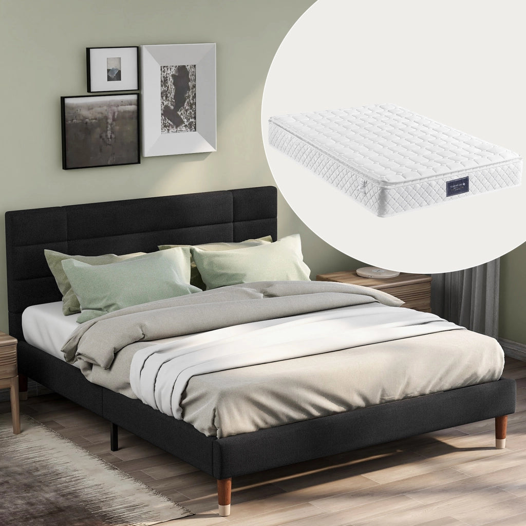 Letto matrimoniale imbottito 140 × 200 cm con rete a doghe materasso a molle insacchettate nero testiera