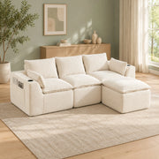 Divano modulare in velluto a coste beige con pouf e cuscini