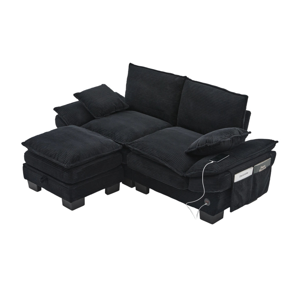 Divano 2 posti 190x132x84 cm con pouf contenitore, cuscini inclusi, USB-C e tasche laterali in tessuto a coste nero