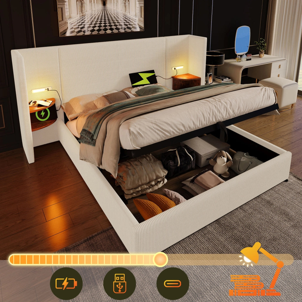 Letto Contenitore 160 x 200 cm - USB, Tipo C e Lampada - in Velluto a Coste Beige