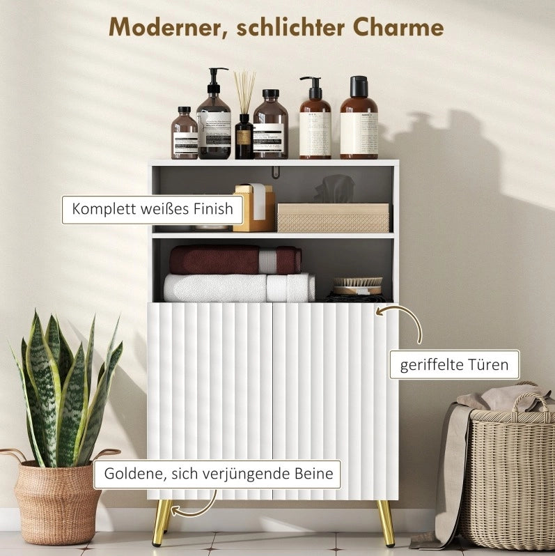 Mobile bagno bianco in MDF con ante soft-close, 2 ripiani aperti e gambe dorate