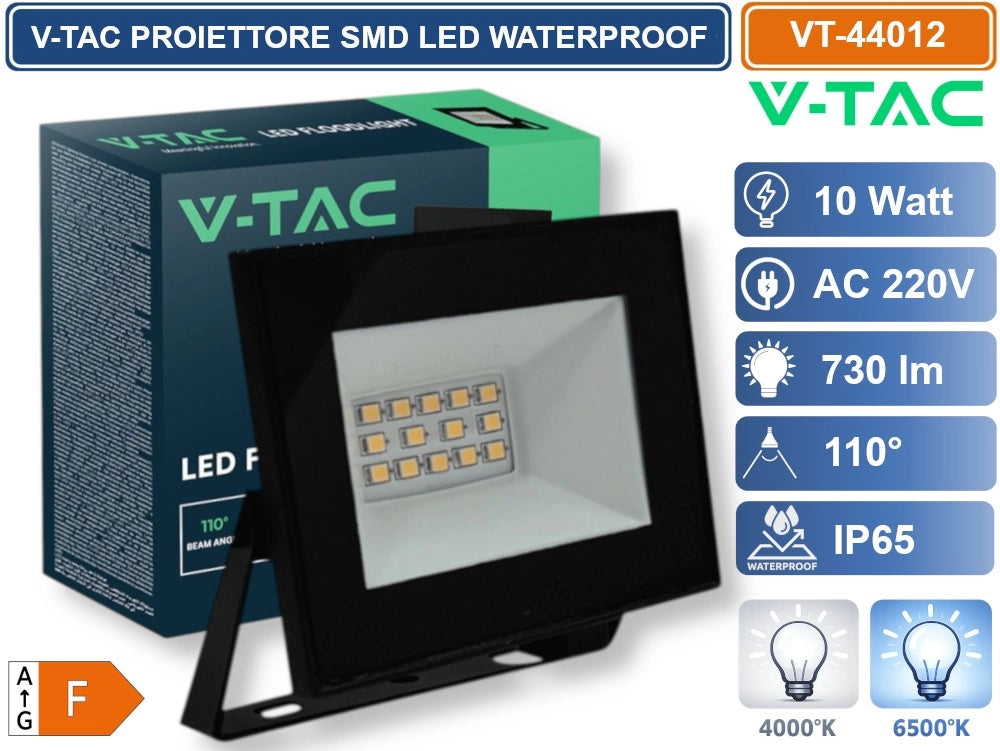 V-TAC VT-44012-B PROIETTORE FARO SMD LED ULTRASLIM 10W COLORE NERO DA ESTERNO IP65 - Colore Luce:Bianco Naturale