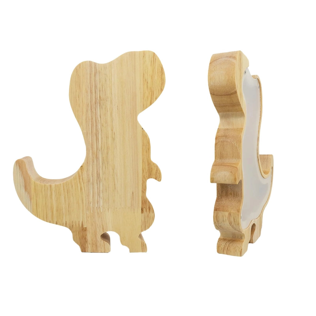 Salvadanaio in legno, design a forma di dinosauro, dimensioni 20x15x2,8 cm