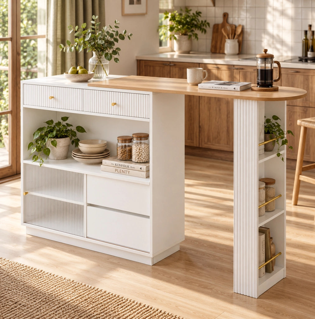 Isola cucina bianca con bancone girevole a 360°, vani contenitori e LED