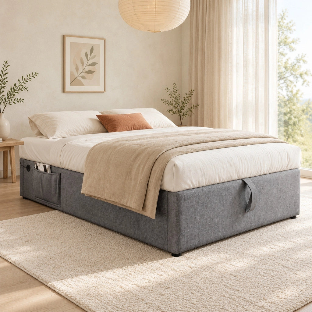 Letto contenitore 90x200 cm grigio con USB-C, rete in legno e materasso