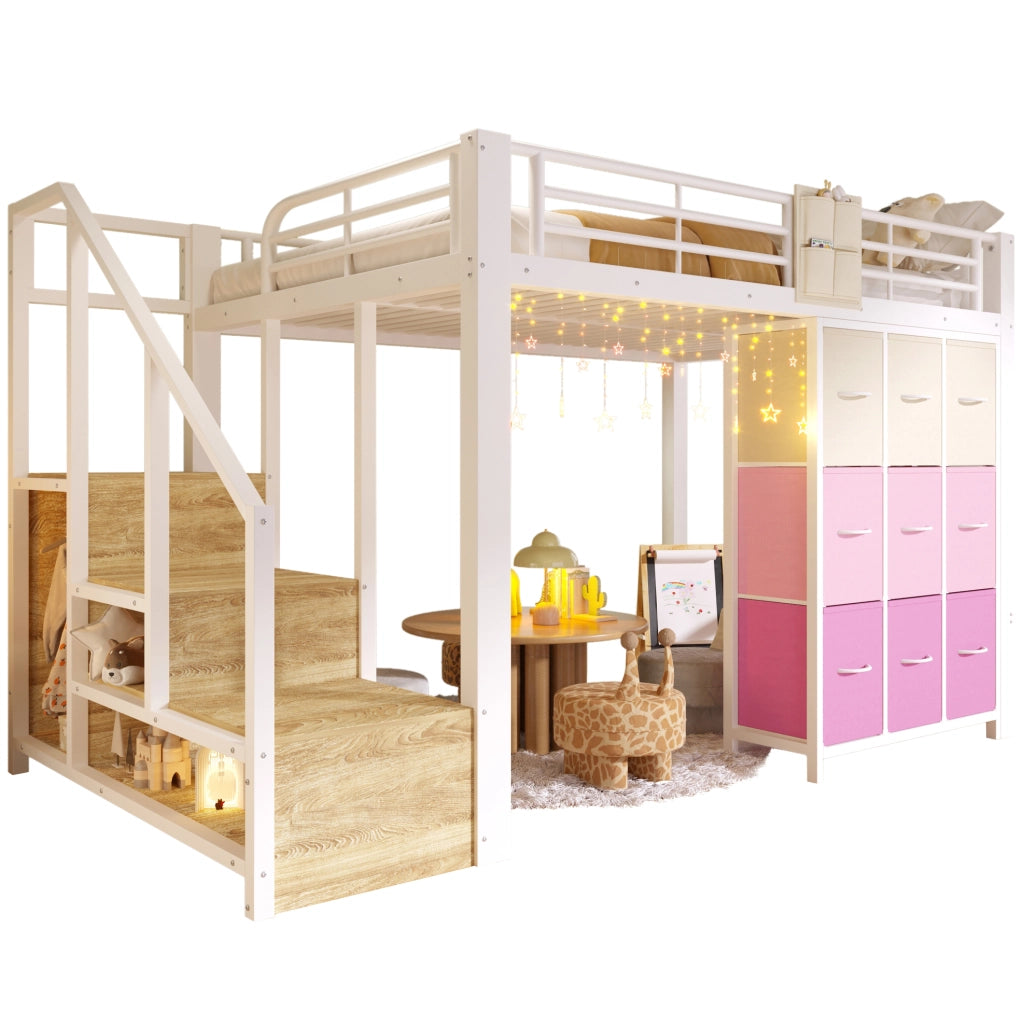 LETTO a soppalco 140x200 cm con cassetti, scala contenitore e asta appendiabiti, bianco