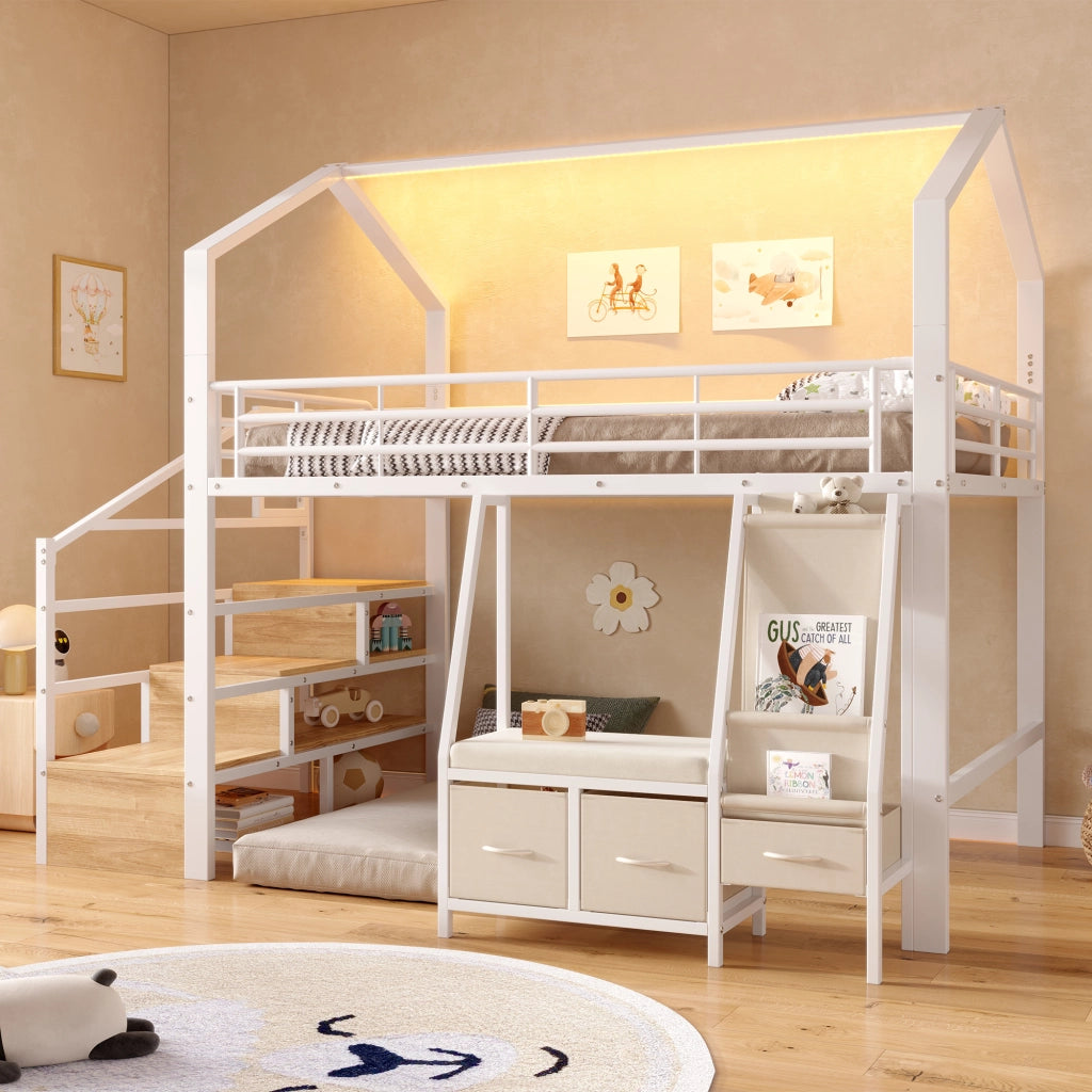 Letto a Soppalco 90x200 con Cassetti; Rangement Integrato; LED; Sponde di Sicurezza LEMONMAX Salvaspazio per Camera Bambini