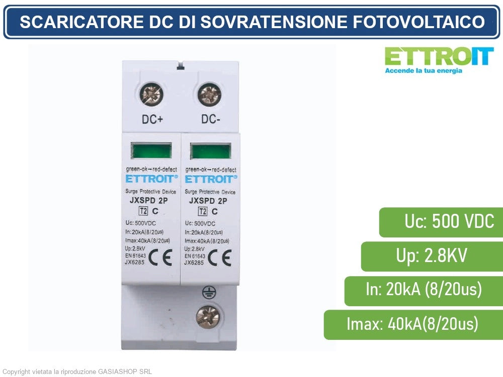 ETTROIT - SCARICATORE LIMITATORE DI SOVRATENSIONE DC PER FOTOVOLTAICO TIPO 2 T2 D 2P DC 500V 2.8KV 20KA OCCUPA 2 MODULI DIN