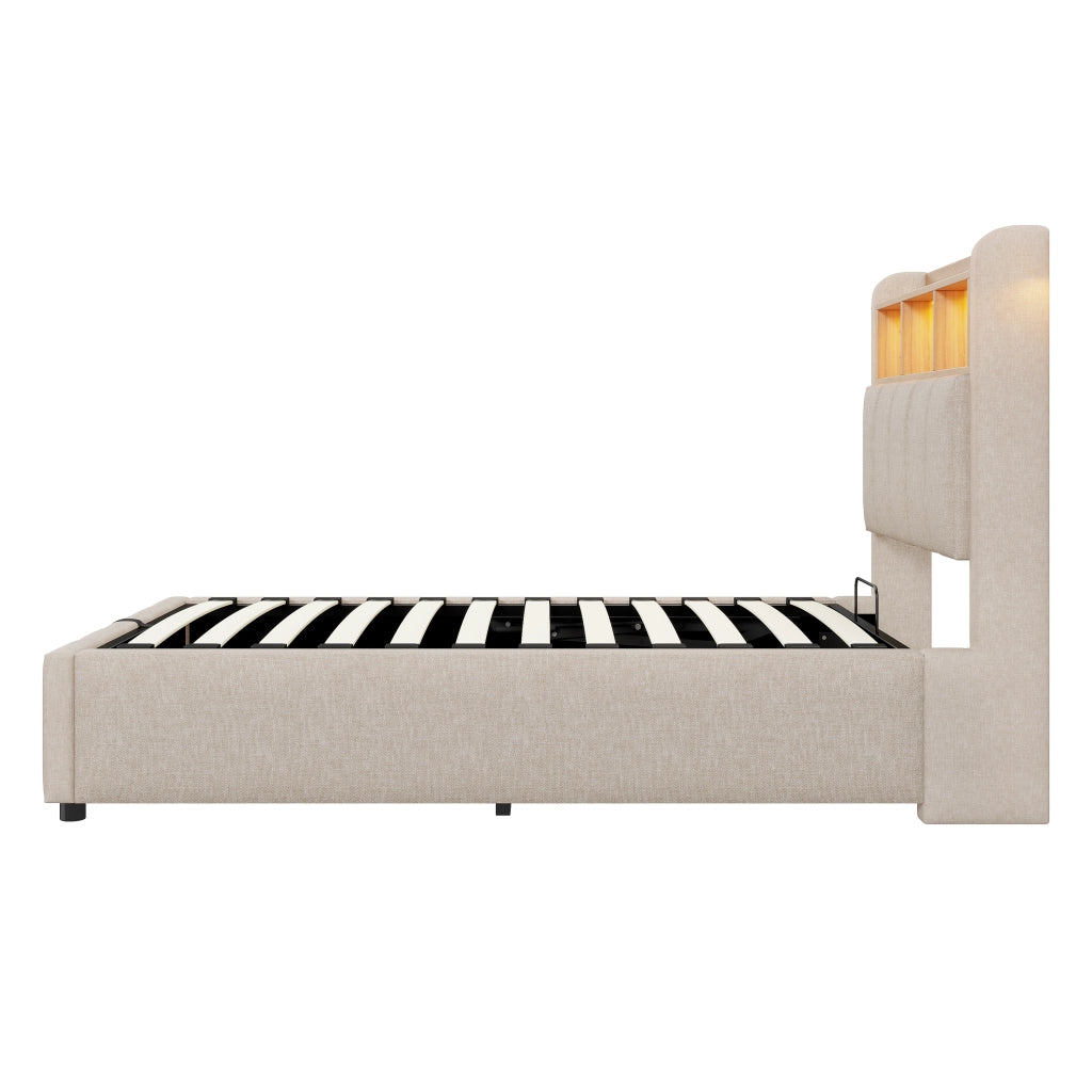 Letto imbottito 90 x 200 cm beige con contenitore idraulico