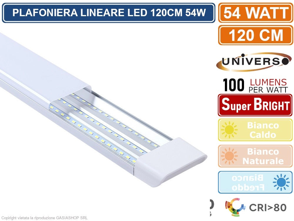 PLAFONIERA LINEARE LED UNIVERSO ALTA LUMINOSITA' 5400 LUMEN 120CM 54W IP20 - Colore Luce:Bianco Caldo