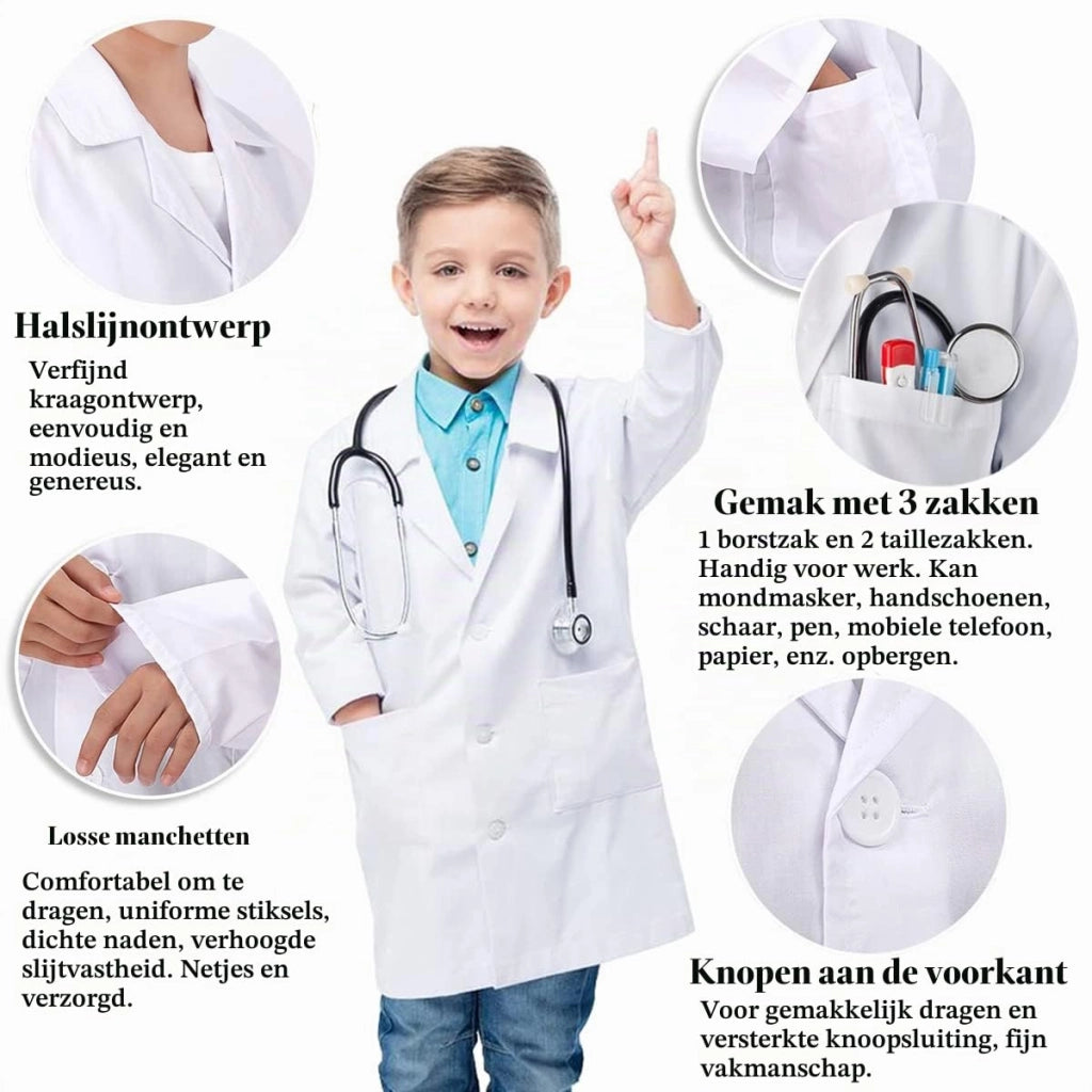 Camice da laboratorio per bambini, giacca da chimica bianca in misto cotone-poliestere, maniche lunghe, colletto a revers classico, 3 tasche, taglia L (altezza 131–140 cm)