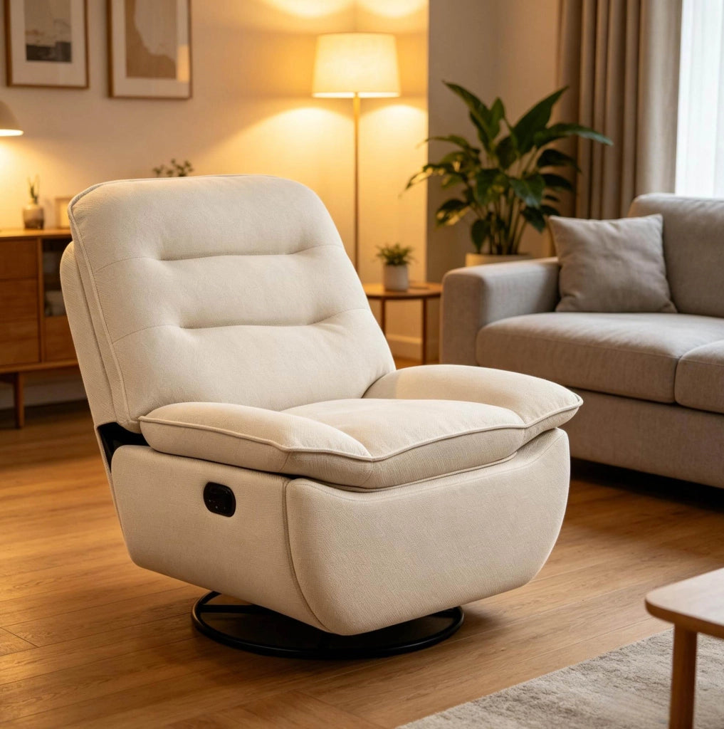 Poltrona relax girevole e dondolante beige con poggiapiedi