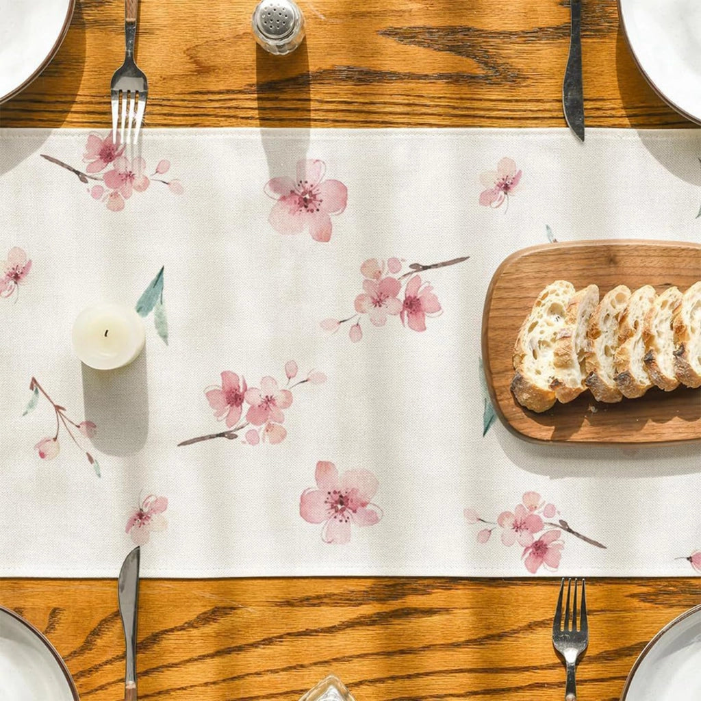 Tovaglia primaverile con motivo di fiori di ciliegio (sakura), 33x183 cm, in lino