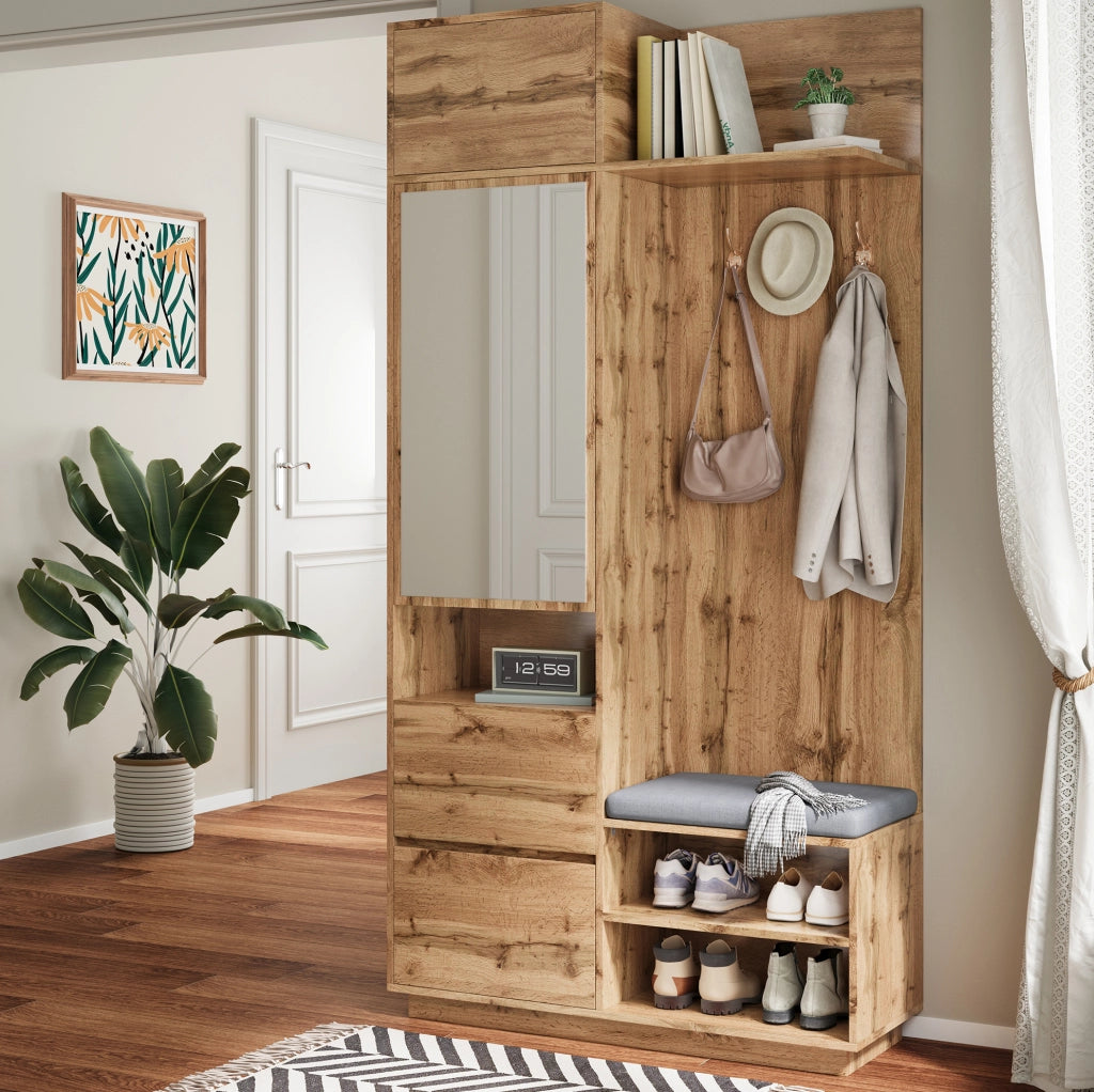 Mobile ingresso 90x34,5x190 cm naturale in MDF, specchio e panca