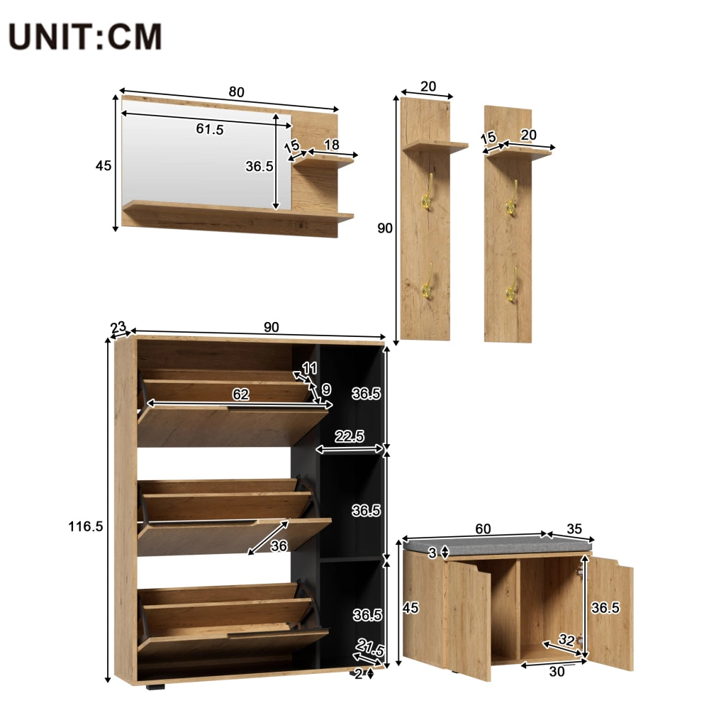 Set ingresso con specchio, appendiabiti, scarpiera e panca 150 cm