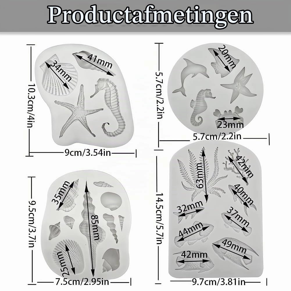 Set di 4 stampi in silicone per creare decorazioni a tema marino, ideali per la preparazione di dolci fatti in casa
