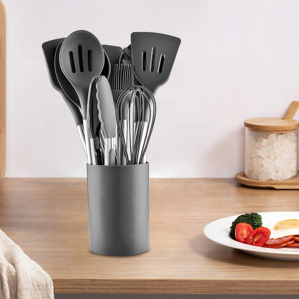 Set di 12 utensili da cucina in silicone grigio con contenitore