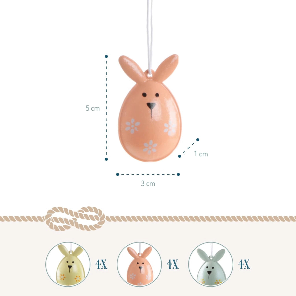 Pendenti di coniglietti pasquali in metallo, 12 pezzi: decorazione pasquale da appendere, colori pastello, 5 x 3 cm