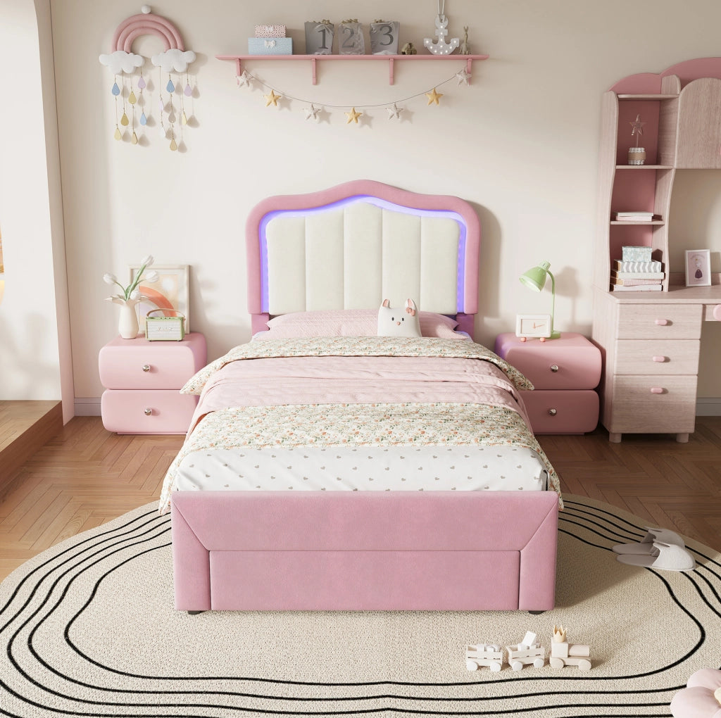 Letto singolo imbottito rosa 90 x 200 cm con cassetto e luce LED