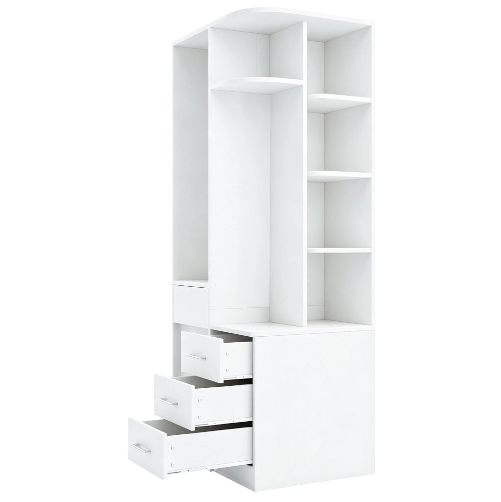 Armadio bianco e color legno con ripiani, appendiabiti e cassetti