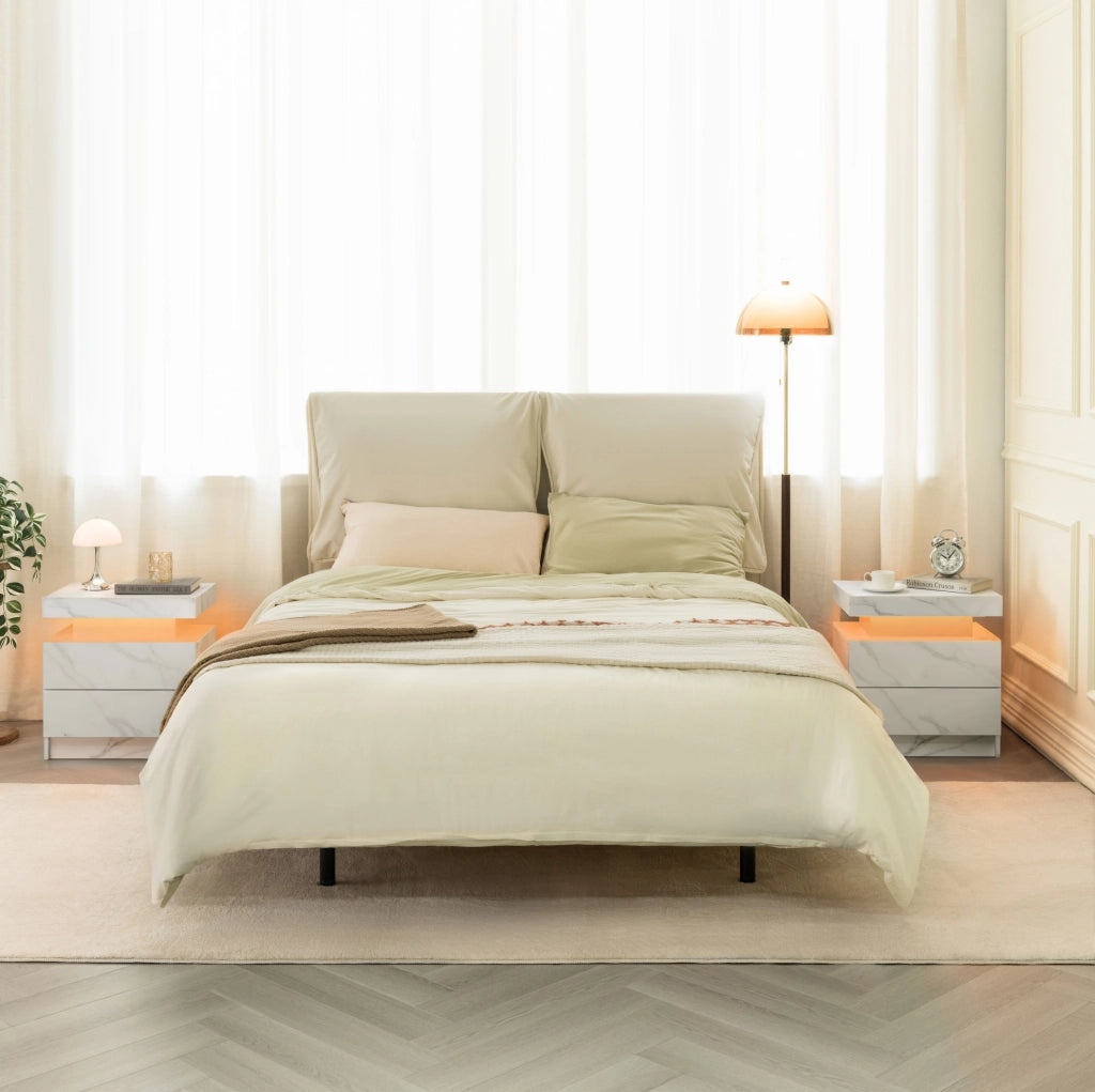 Comodino Moderno con 2 Cassetti e Luce LED Regolabile - Bianco Pietra