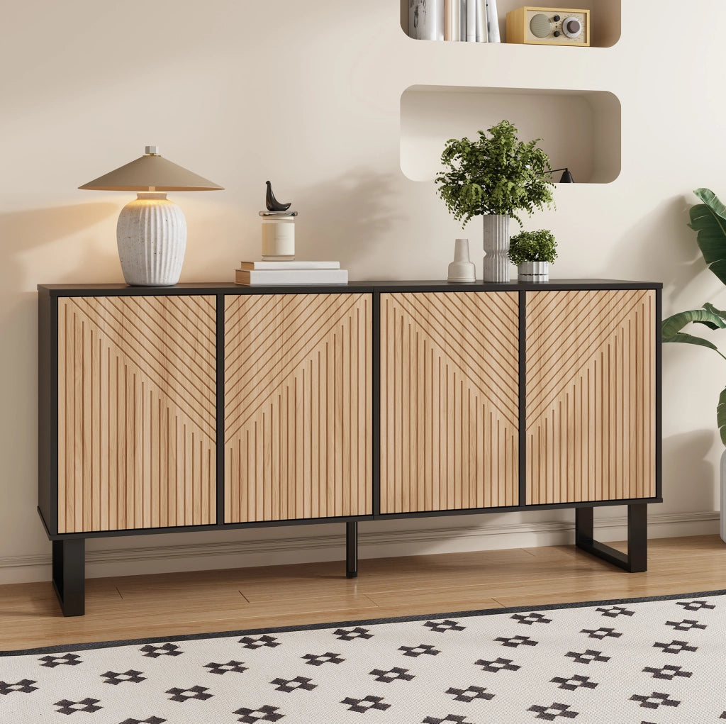 Mobile TV 160x38x75 cm in PB e MDF nero e naturale con ampio spazio contenitore
