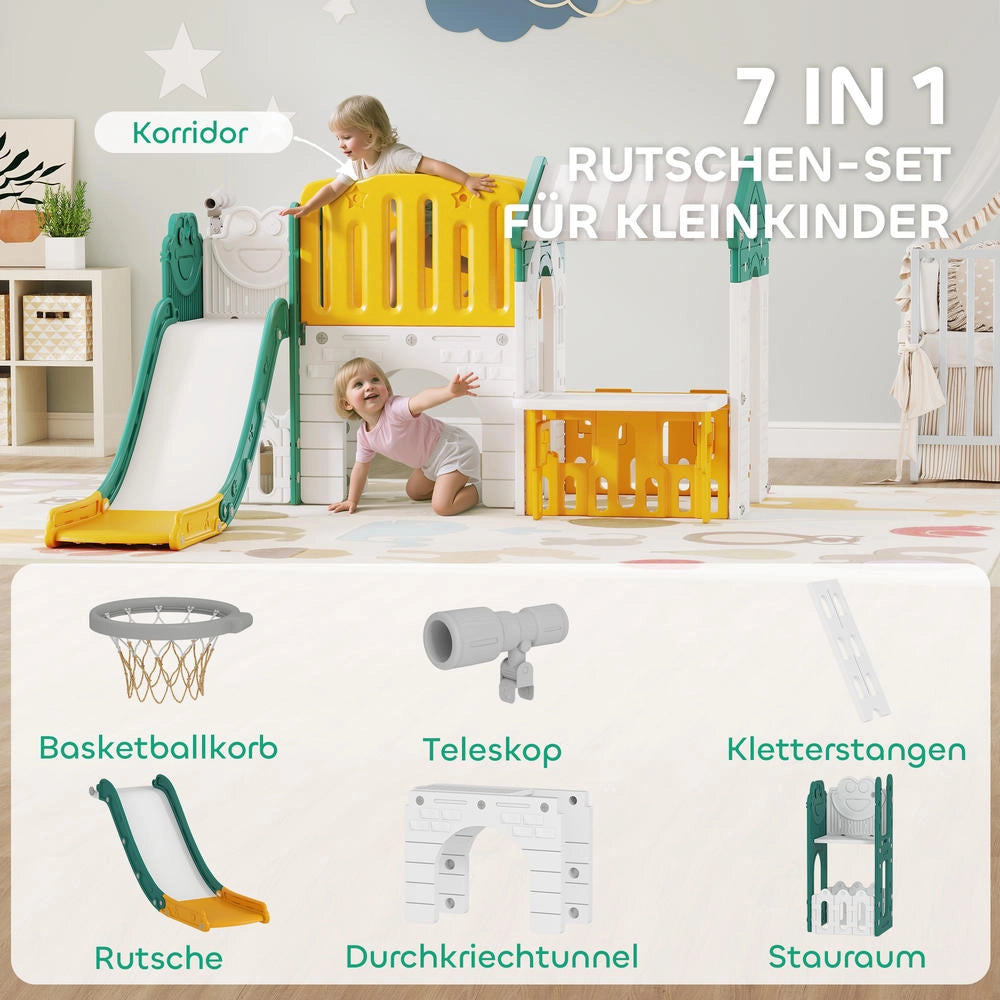 Set 7 in 1 Scivolo per Bambini e Parco Giochi da Interno in Plastica Giallo e Verde con Canestro e Lavagna