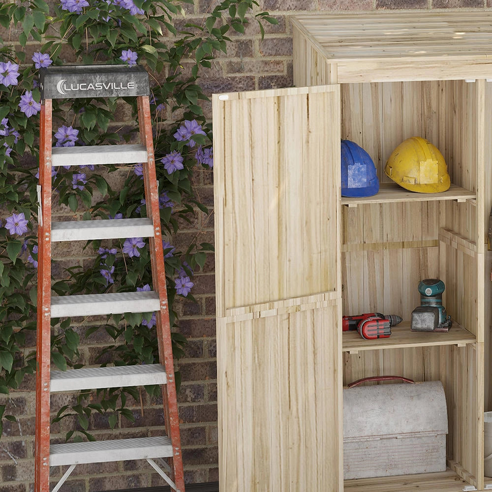 Casetta da Giardino in Legno di Abete Naturale con 2 Porte e Ripiani per Attrezzi da Giardino, Robusta e Resistente, 120x57x183cm