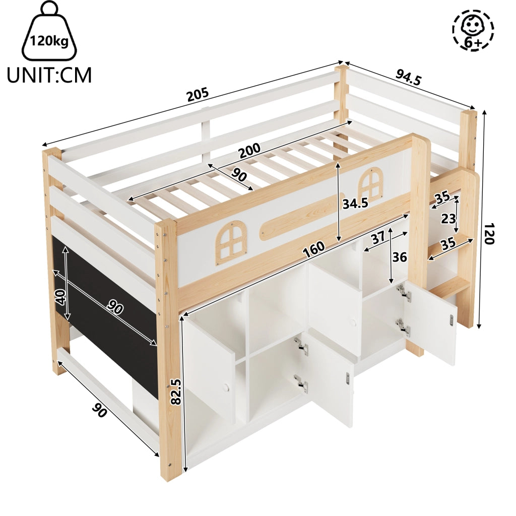 Letto a soppalco 90 × 200 cm con lavagna in legno di pino e MDF bianco naturale con scala e ripiani